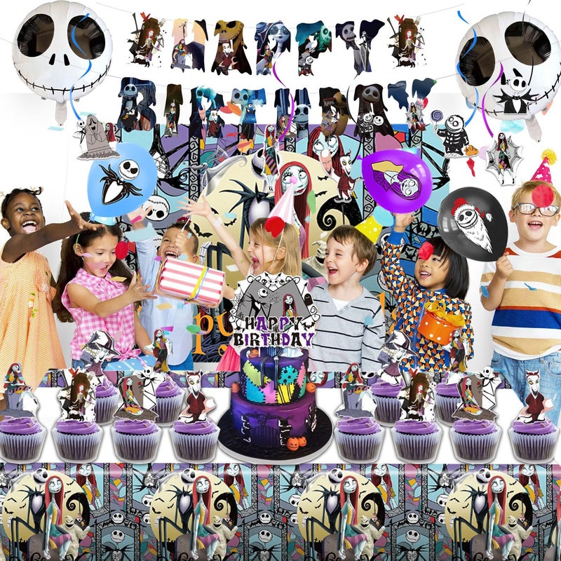 Favuit Birthday Decorations, Nightmare Christmas Party Supplies Halloween Birthday Party Decorations Set Includes Banner Balloons Tablecloth Backdrop Hanging Swirls Cake Toppers - Image 5