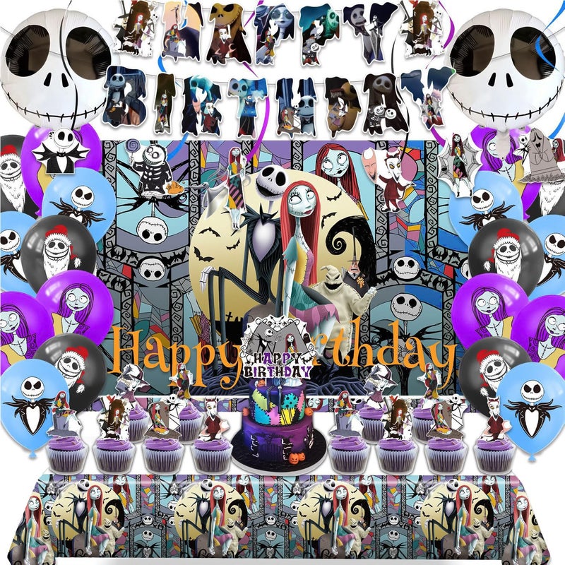Favuit Birthday Decorations, Nightmare Christmas Party Supplies Halloween Birthday Party Decorations Set Includes Banner Balloons Tablecloth Backdrop Hanging Swirls Cake Toppers - Image 1