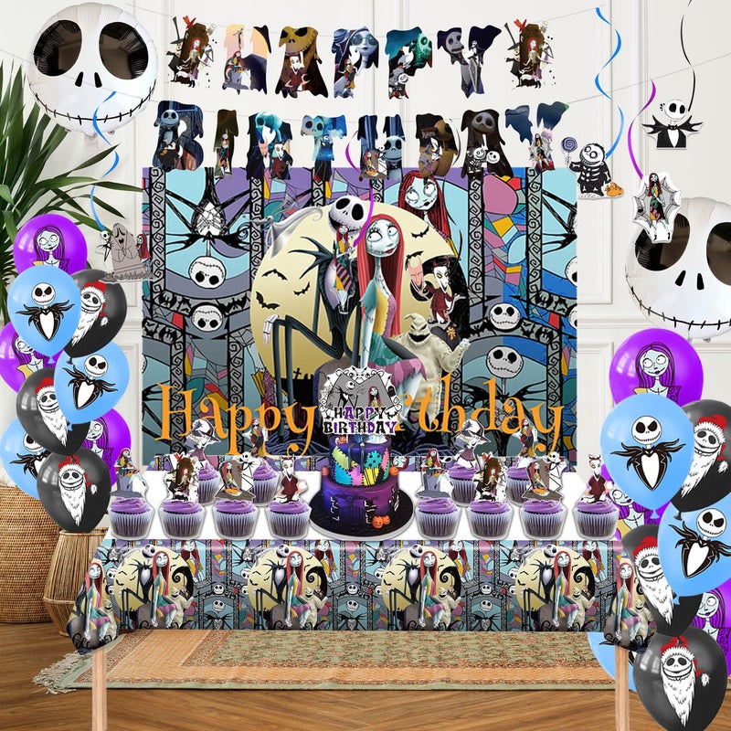 Favuit Birthday Decorations, Nightmare Christmas Party Supplies Halloween Birthday Party Decorations Set Includes Banner Balloons Tablecloth Backdrop Hanging Swirls Cake Toppers - Image 4