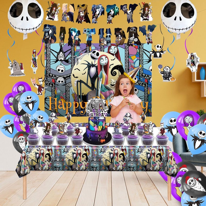 Favuit Birthday Decorations, Nightmare Christmas Party Supplies Halloween Birthday Party Decorations Set Includes Banner Balloons Tablecloth Backdrop Hanging Swirls Cake Toppers - Image 2