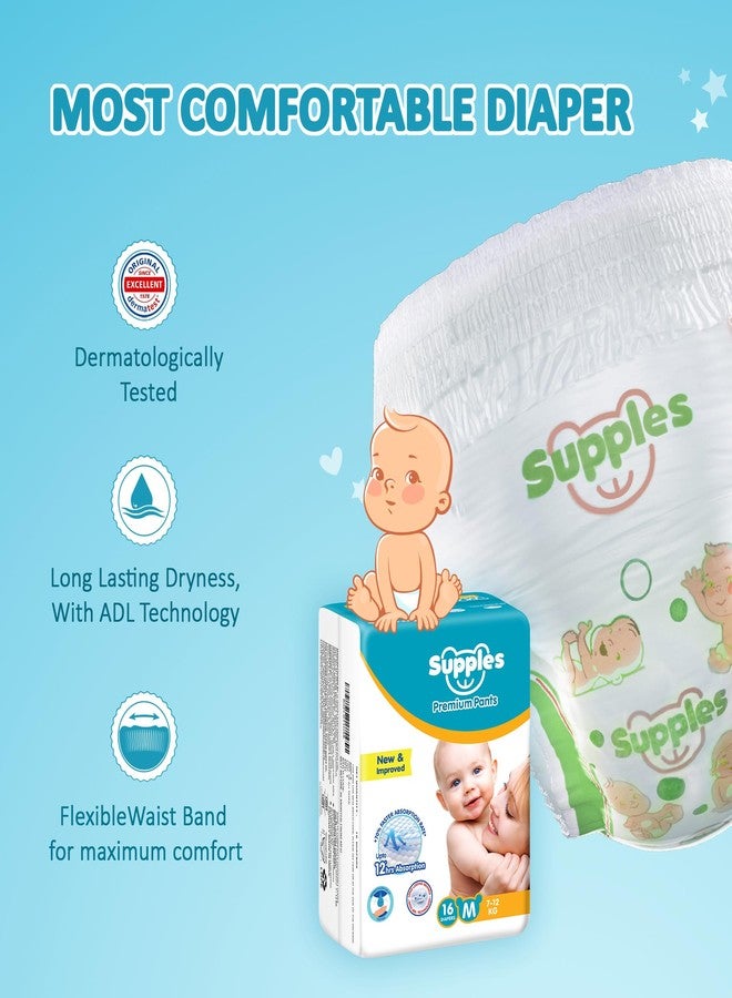 Supples Amazon Brand - Supples Premium Baby Diaper Pants | 16 Baby Diapers | Medium | 7-12 Kg | 12 Hrs Absorption | Cushiony Cotton Soft Fabric | Phthalates-Free | Triple Leak Guard - Image 4