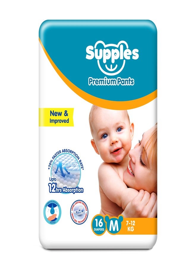 Supples Amazon Brand - Supples Premium Baby Diaper Pants | 16 Baby Diapers | Medium | 7-12 Kg | 12 Hrs Absorption | Cushiony Cotton Soft Fabric | Phthalates-Free | Triple Leak Guard - Image 1