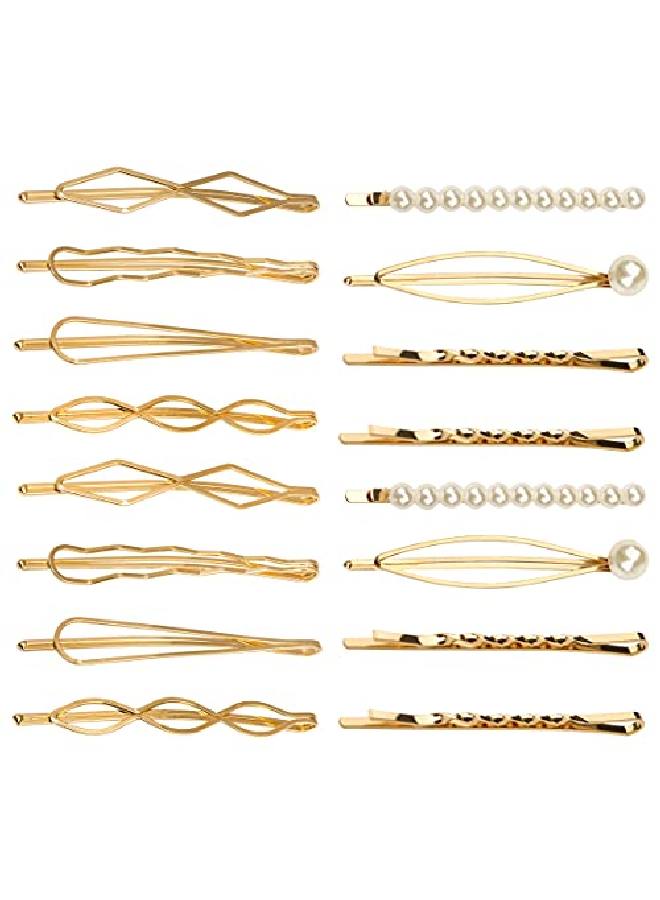 SUMAJU 16 Pieces Geometric Metal Hair Pins，Pearls Hair Clips Elegant Hair Barrettes Bridal Gold Metal Bobby Pins Dainty Embellished Bobby Pins ​for Woman and Girls - Image 1