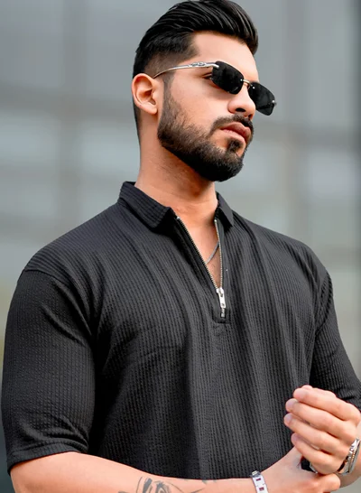 Maniac Maniac Mens Solid Polo Neck 3/4th Sleeve Black Half Zipper Poly Cotton Polo T-Shirt