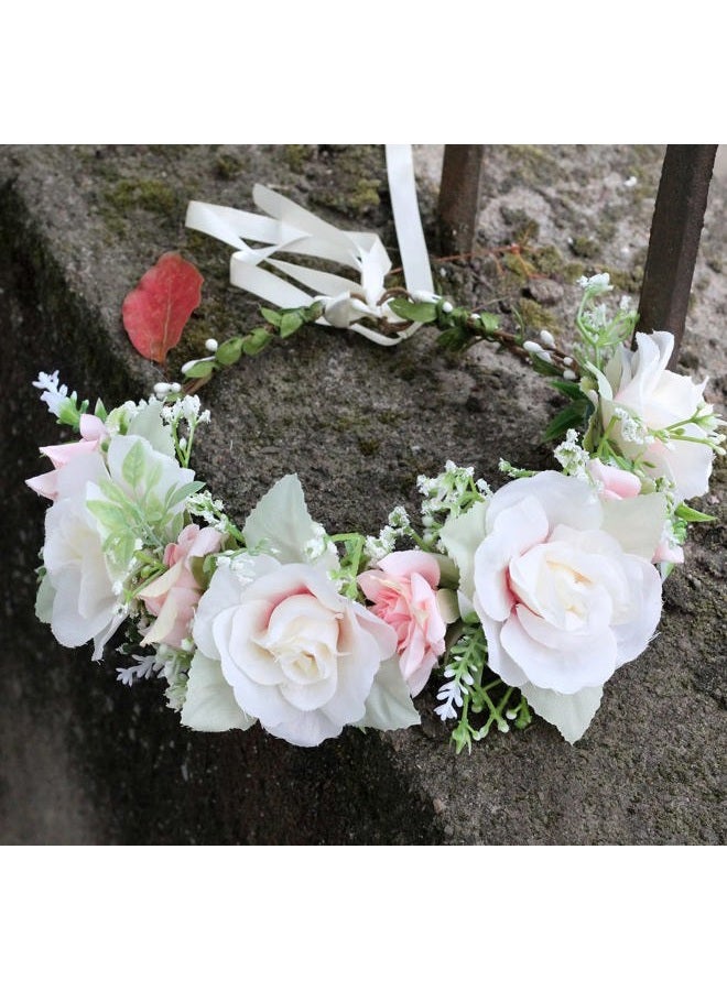 LLinfflr Girl Flower Crown Rose Floral Headband Hair Wreath Flower Headpiece Halo Boho Party Prom Wedding Photos White - Image 3