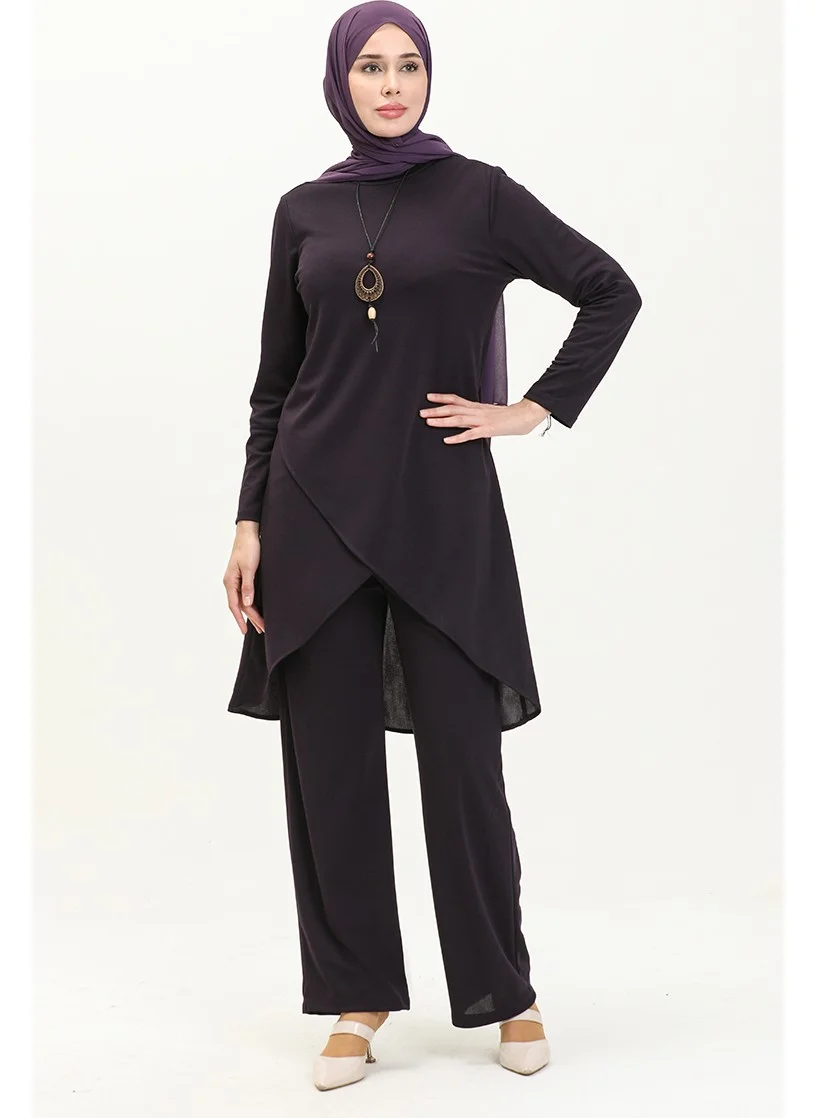 Sefa Merve Necklace Tunic Trousers Two Piece Suit 0704-05 Purple