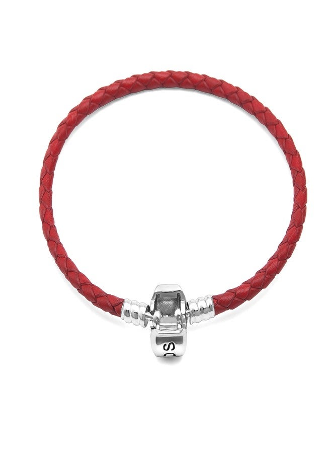 Hoobeads Genuine Red Leather Woven Bracelet with 925 Sterling Silver Barrel Snap Clasp Charms Bracelet (19 cm-7.5 inches) - Image 3