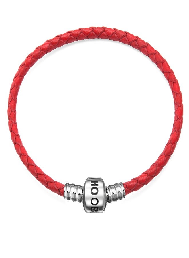 Hoobeads Genuine Red Leather Woven Bracelet with 925 Sterling Silver Barrel Snap Clasp Charms Bracelet (19 cm-7.5 inches) - Image 1