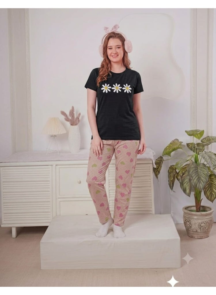 Women's Short Sleeve T-Shirt and Printed Pajama Pants Night Suit Set