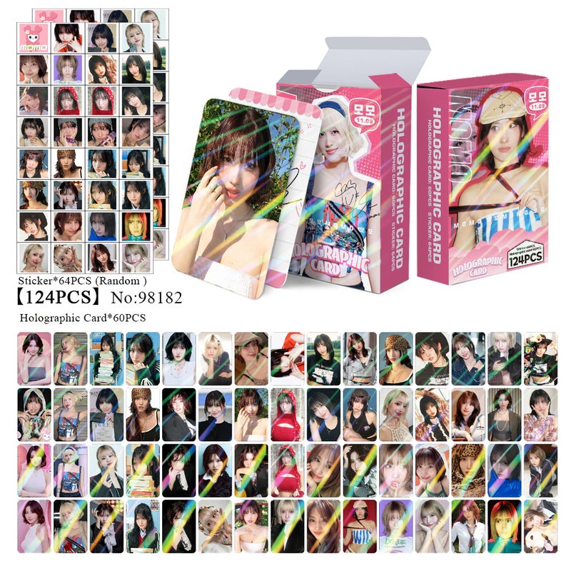 MOMO 124PCS Holographic Cards & Star Stickers Set – 60PCS Holographic LOMO Cards + 64PCS Random Celebrity Stickers for DIY Scrapbooking, Album Decoration, Journaling, and Birthday Gift for Teens