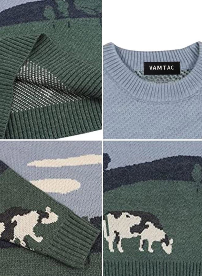 Vamtac Mens Grassland Cow Vintage Oversize Knitted Sweater Long Sleeve Round Neck Knitted Pullover Jumper, #01grey, S - Image 4