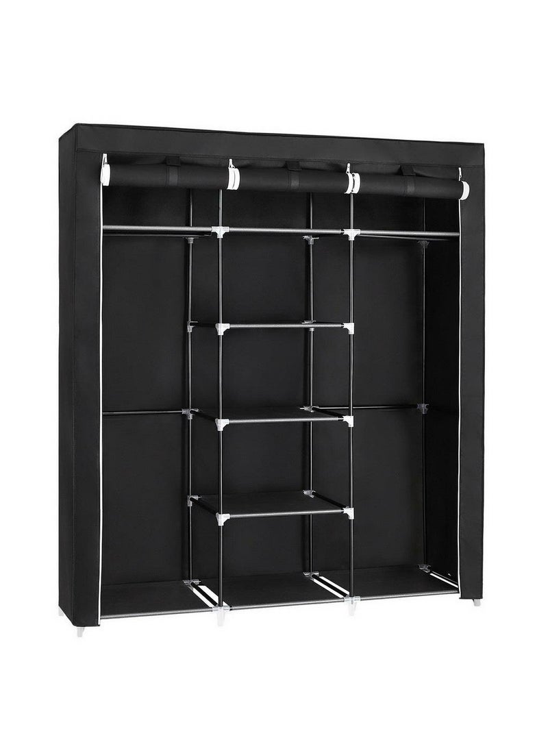 AsolBD AsolBD Double Canvas Wardrobe Cupboard Clothes Hanging Rail Storage Shelves Black 150 x 175 x 45 cm  - Image 1