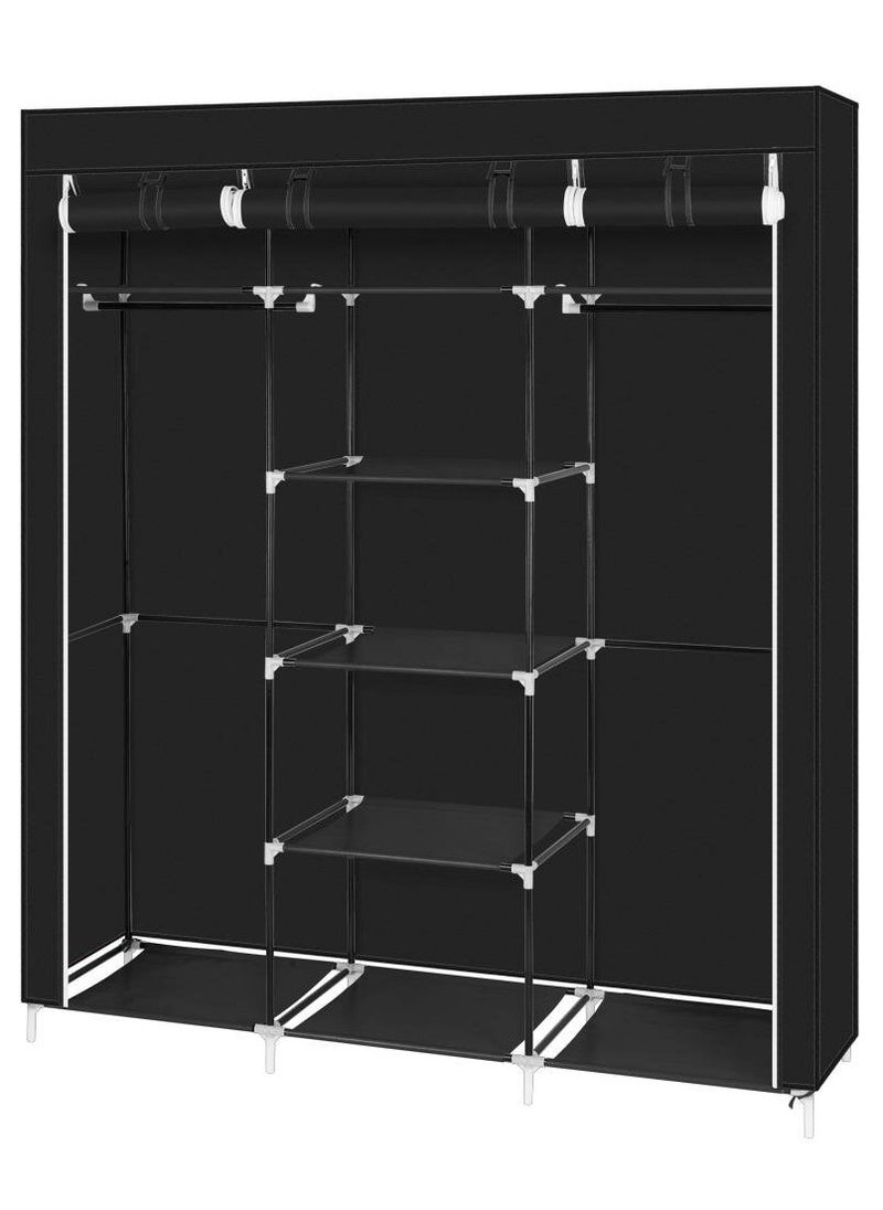 AsolBD AsolBD Double Canvas Wardrobe Cupboard Clothes Hanging Rail Storage Shelves Black 150 x 175 x 45 cm  - Image 3