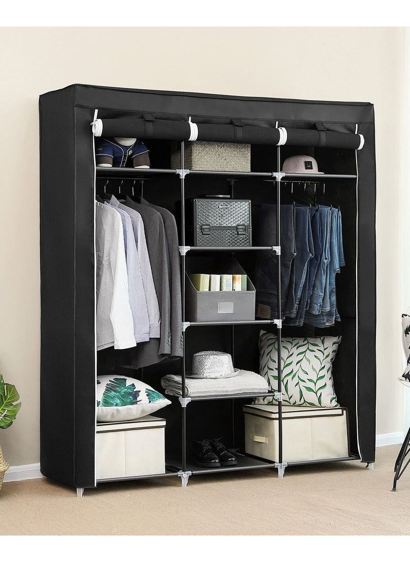 AsolBD AsolBD Double Canvas Wardrobe Cupboard Clothes Hanging Rail Storage Shelves Black 150 x 175 x 45 cm  - Image 4