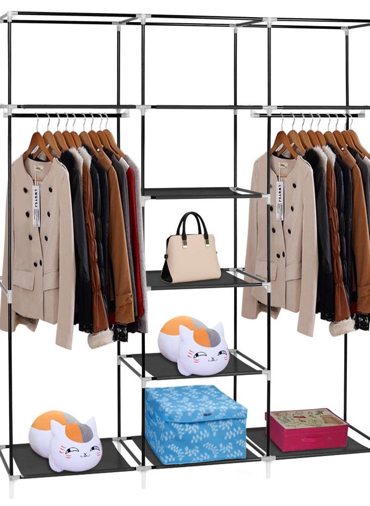 AsolBD AsolBD Double Canvas Wardrobe Cupboard Clothes Hanging Rail Storage Shelves Black 150 x 175 x 45 cm  - Image 5