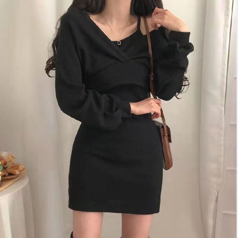 French-style Elegant Velvet Slip Skirt T-shirt Long-sleeved suit Womens Slimming Solid Color dress Brown - Image 2