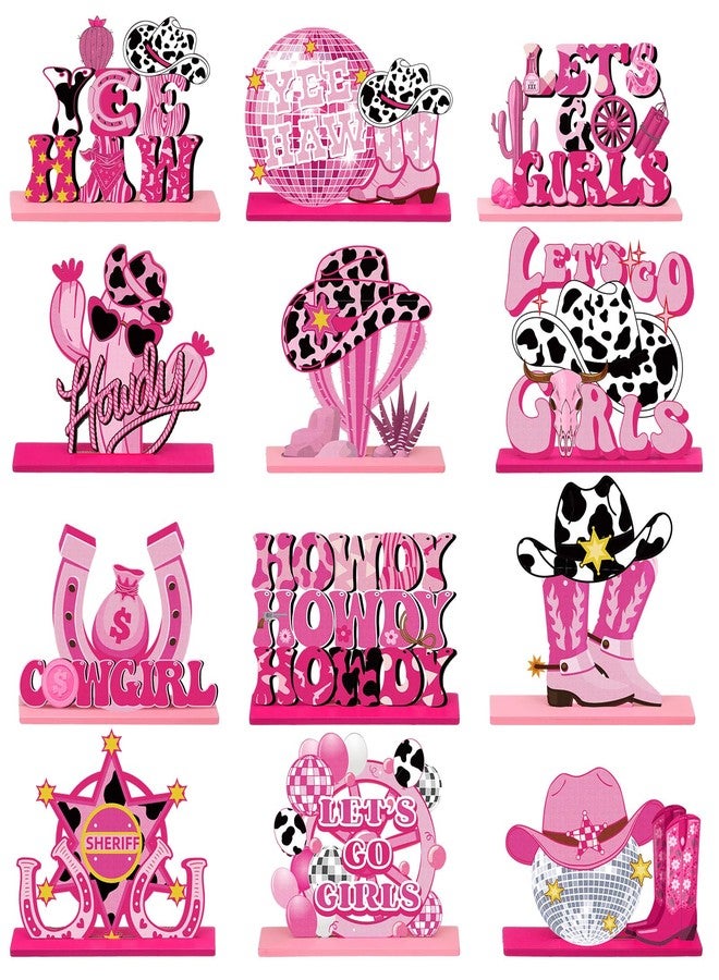 Marsui 12 Pcs Cowgirl Howdy Table Decor Retro Western Pink Wood Centerpieces Let's Go Girls Bachelorette for Home Wooden Sign Blocks Sign Home Decoration Tiered Tray Shelf (Cowgirl) - Image 1