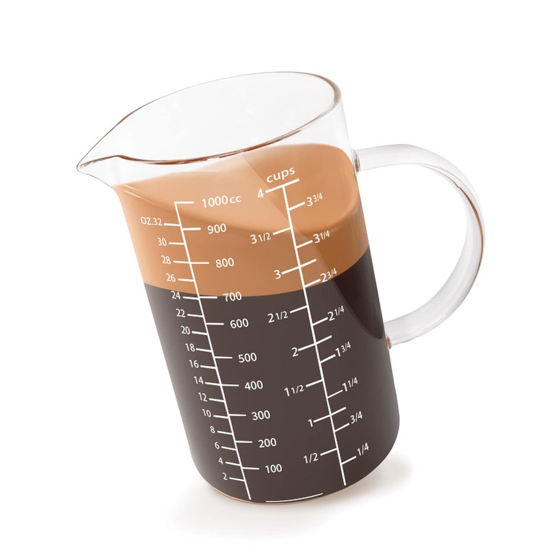 Newness Glass Measuring Cup with Handle 1000 ML 1 Liter 4 Cup Measuring Cup with Three Scales OZ Cup MLCC and VShaped Spout Measuring Beaker for Kitchen or Restaurant Easy to Read