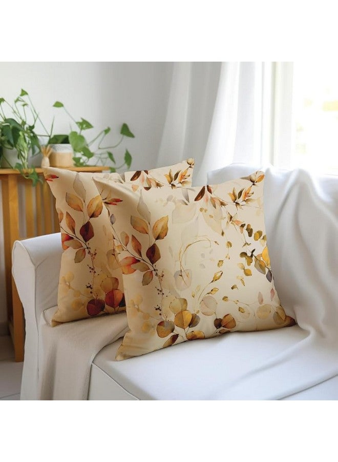 غطاء وسادة مزخرف من البوليستر Encasa XO 160 TC مقاس 16 × 16 بوصة (40 × 40 سم) - L1 ذهبي - مطبوع رقميًا بنقشة زهور، غطاء وسادة مربع كبير للكرسي والمقعد والسرير والمكتب والمنزل (مجموعة من قطعتين) - Image 1