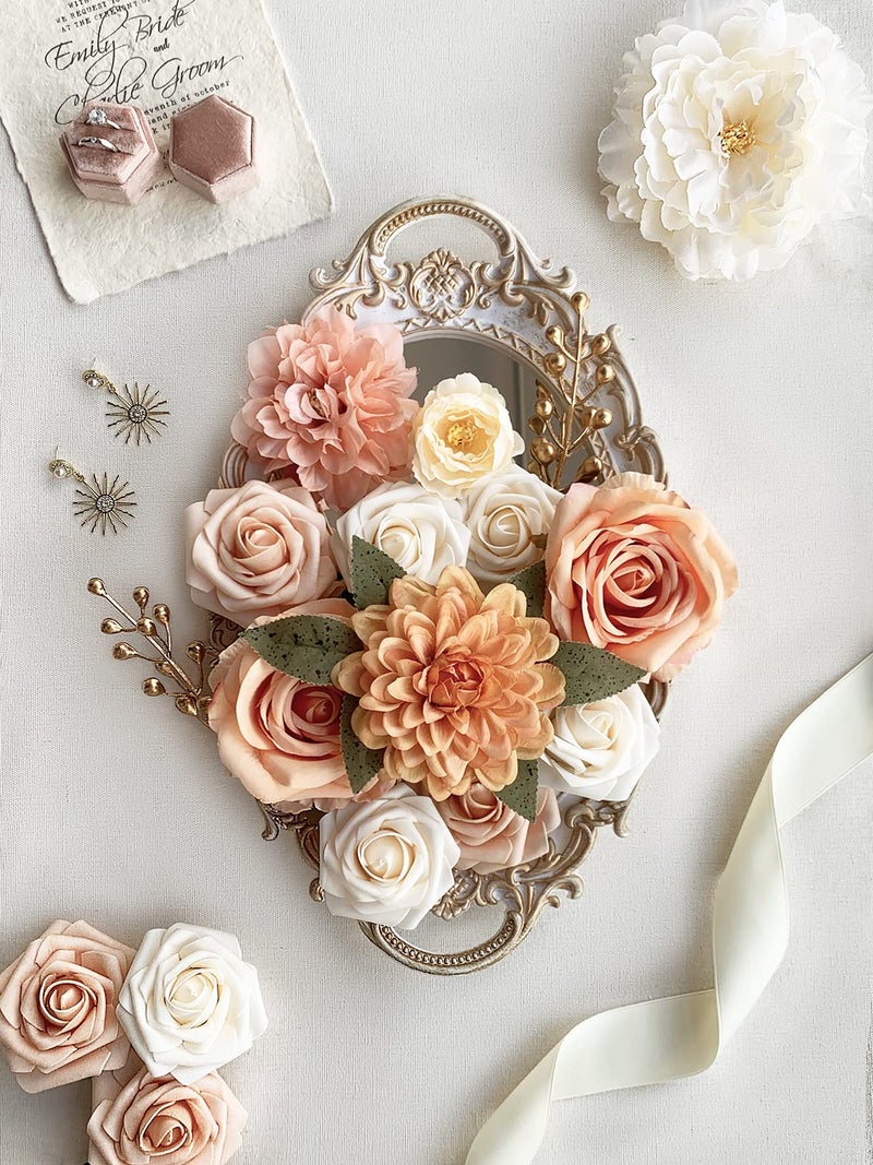 FACINOC FACINOC Roses Artificial Flowers Orange Bouquets Box Set Fake Flowers with stems for DIY Bridal Wedding Shower Decorations Faux Silk Floral Arrangements for Party Table Centerpieces Home Decor Indoor - Image 3