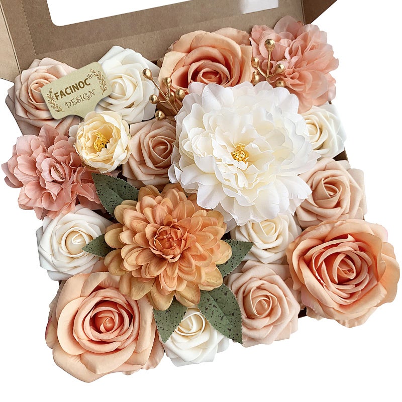 FACINOC FACINOC Roses Artificial Flowers Orange Bouquets Box Set Fake Flowers with stems for DIY Bridal Wedding Shower Decorations Faux Silk Floral Arrangements for Party Table Centerpieces Home Decor Indoor - Image 1
