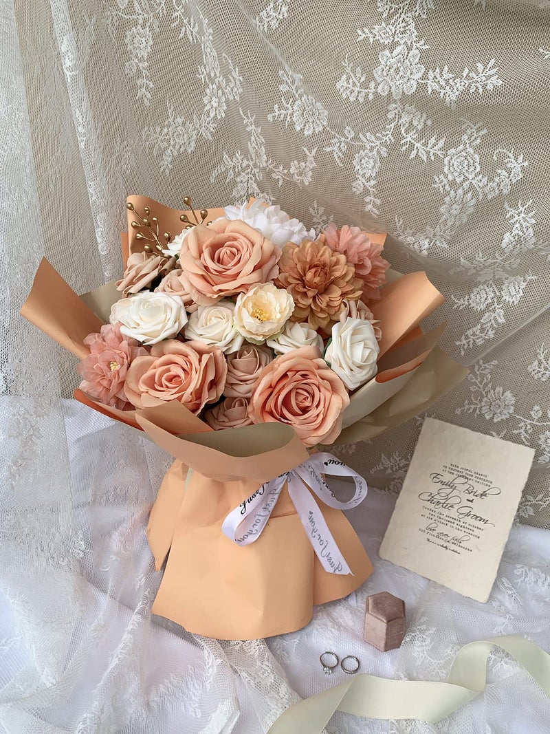 FACINOC FACINOC Roses Artificial Flowers Orange Bouquets Box Set Fake Flowers with stems for DIY Bridal Wedding Shower Decorations Faux Silk Floral Arrangements for Party Table Centerpieces Home Decor Indoor - Image 5