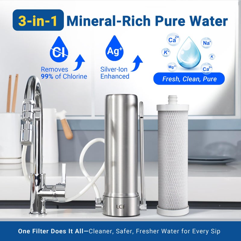 LCF Upgrade Countertop Water Filter, ð’ð¢ð¥ð¯ðžð« ðˆð¨ð§ð¬ Enhanced 6-Stage Stainless Steel Water Filter for Sink Faucet, Reduces Heavy Metals, Bad Taste & 99% Chlorine, 16,000 Gallons(2 Filters) - Image 5