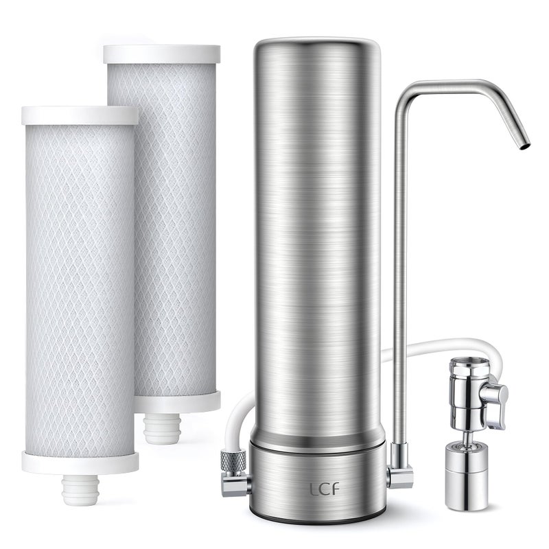 LCF Upgrade Countertop Water Filter, ð’ð¢ð¥ð¯ðžð« ðˆð¨ð§ð¬ Enhanced 6-Stage Stainless Steel Water Filter for Sink Faucet, Reduces Heavy Metals, Bad Taste & 99% Chlorine, 16,000 Gallons(2 Filters) - Image 1