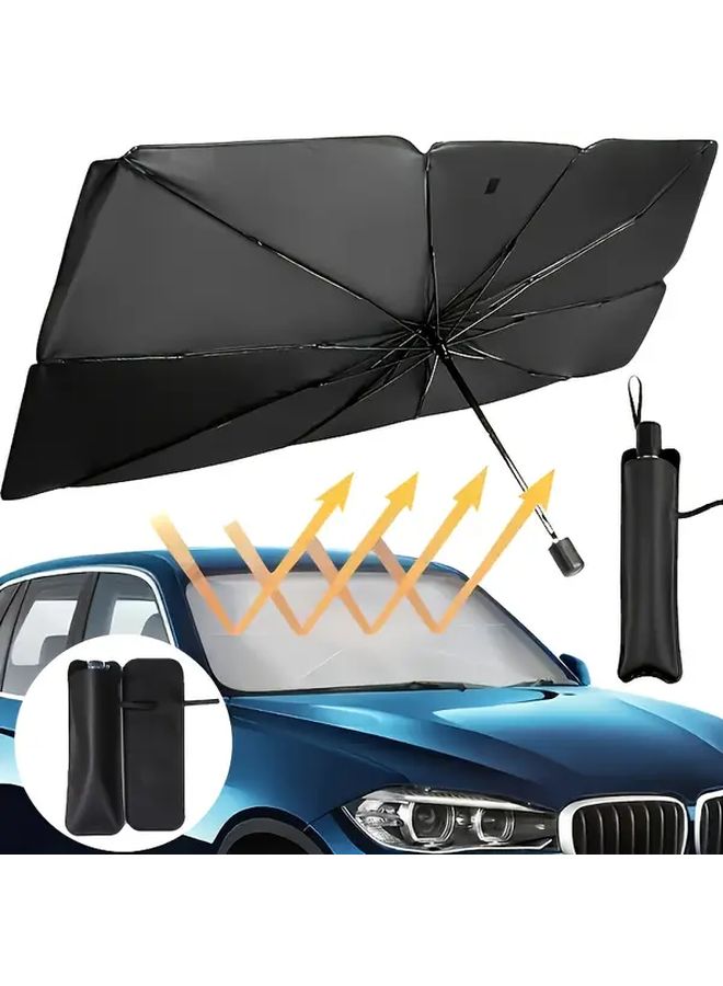 1 Pc Black Faux PU Leather Car Sunshade Storage Bag Compact Folding Umbrella Protector Cover With Secure Strap For Most Vehicles Easy Installation Durable Interior Accessory - Image 1
