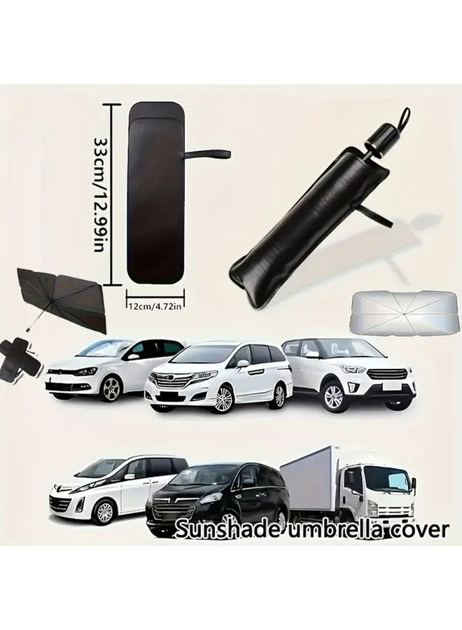 1 Pc Black Faux PU Leather Car Sunshade Storage Bag Compact Folding Umbrella Protector Cover With Secure Strap For Most Vehicles Easy Installation Durable Interior Accessory - Image 3