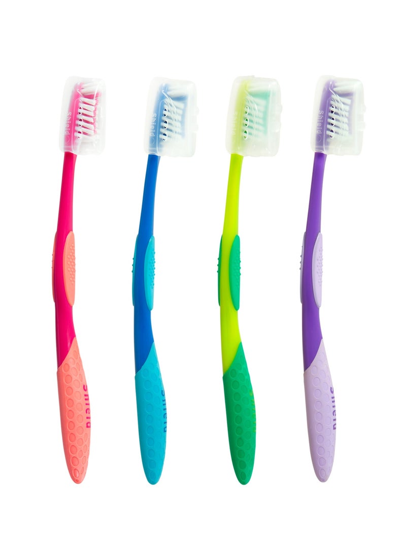 Shield Care فرشاة أسنان شيلد كير برو-كلين برأس صغير للوصول الأفضل (رعاية عائلية - شعيرات متوسطة) مغلفة بشكل فردي - 4 ألوان - 12 قطعة (عبوة من 1) - Image 3