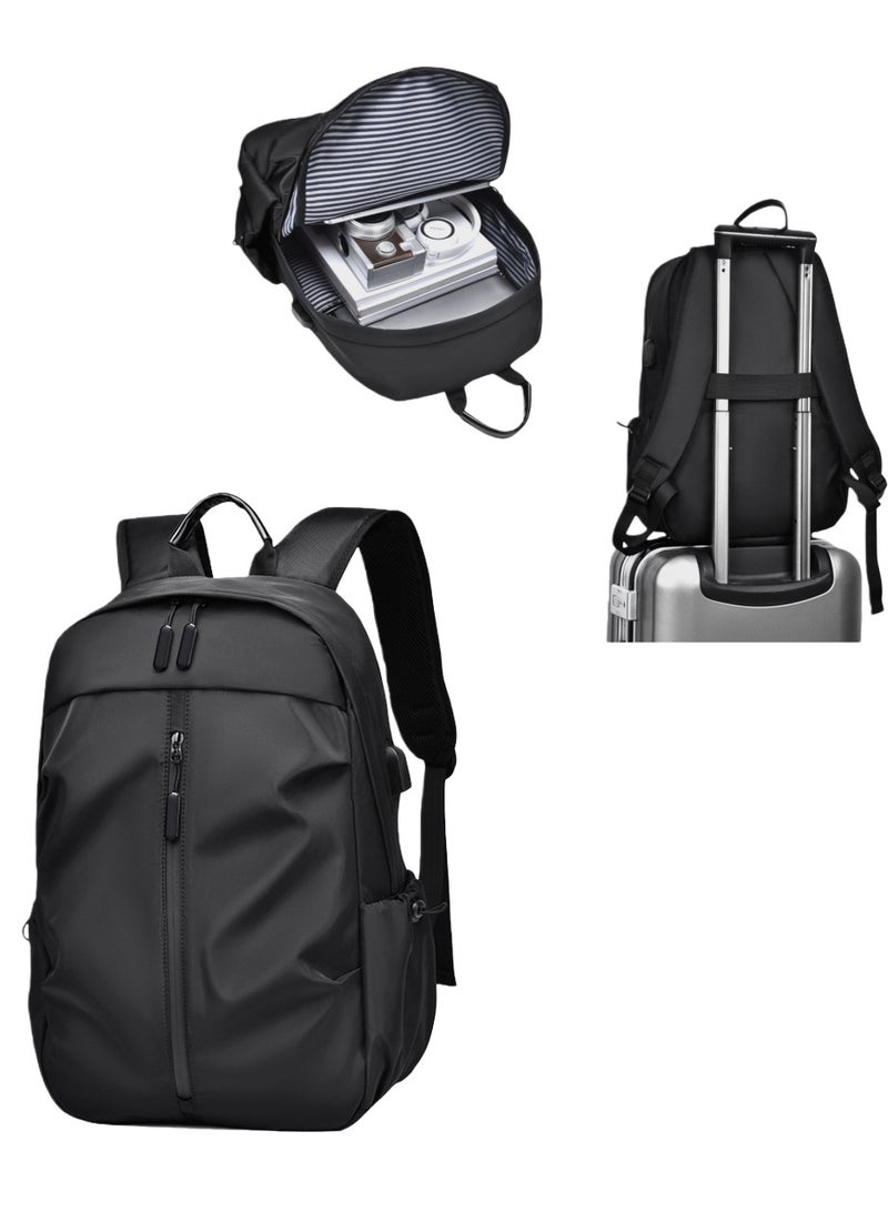 Black 15-inch durable and waterproof business notebook backpack, with a striped computer layer inside and a USB charging port - Image 1