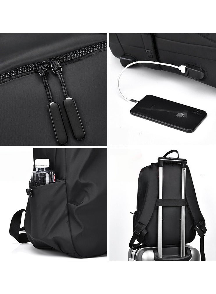 Black 15-inch durable and waterproof business notebook backpack, with a striped computer layer inside and a USB charging port - Image 3
