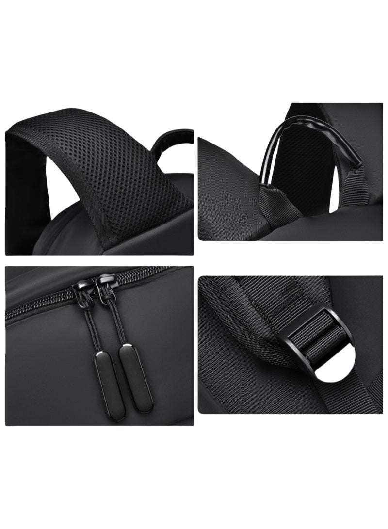 Black 15-inch durable and waterproof business notebook backpack, with a striped computer layer inside and a USB charging port - Image 4