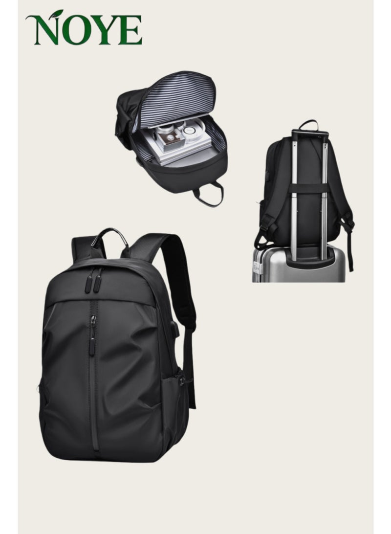 Black 15-inch durable and waterproof business notebook backpack, with a striped computer layer inside and a USB charging port - Image 1