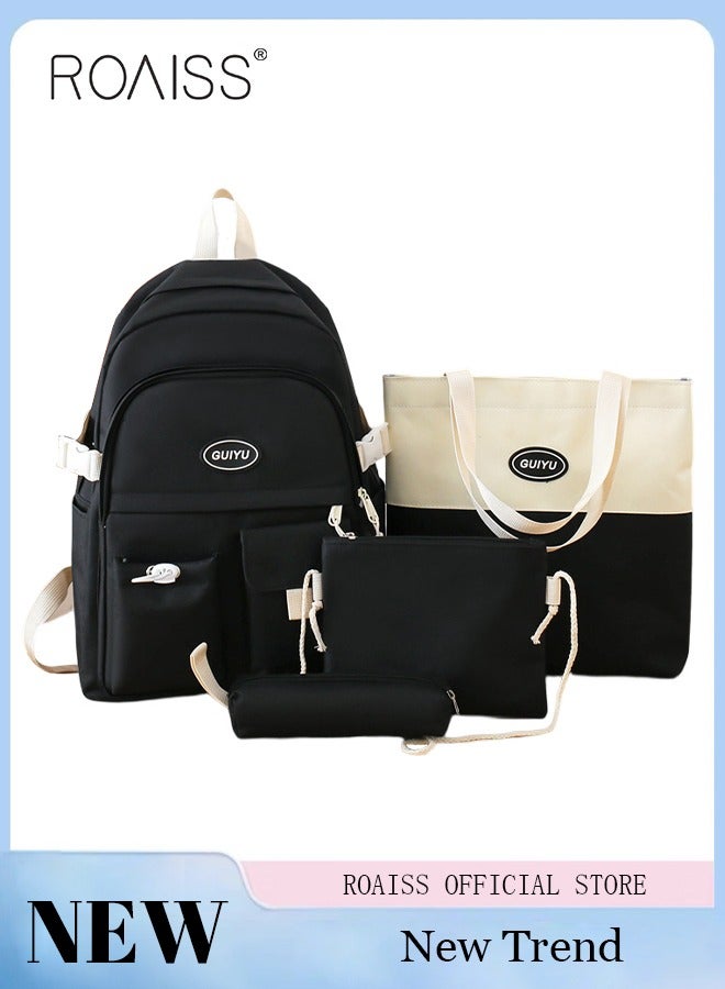 roaiss 4 Pcs Letter Graphic Colorblock Backpack Set Sweet Large Capacity School Bag Bookbag Shoulder Totes Pencil Case for Kids Girls Middle School Students Black  - Image 1