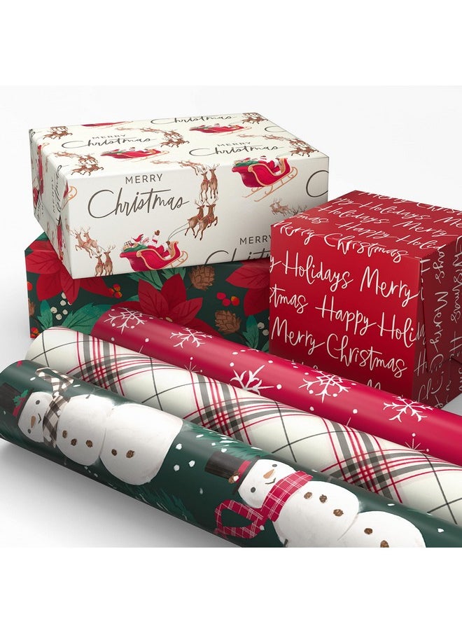Hallmark Hallmark Rustic Recyclable Christmas Wrapping Paper (6 Rolls: 180 Sq. Ft. Total) Red, White and Hunter Green Plaid, Poinsettias, Snowflakes, "Merry Christmas," Snowman, Santa  - Image 3