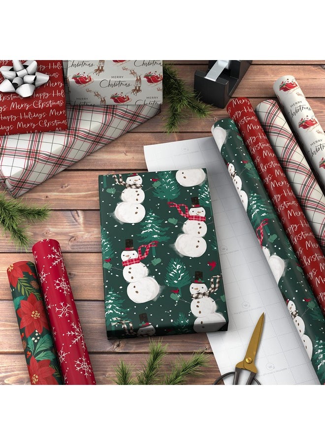 Hallmark Hallmark Rustic Recyclable Christmas Wrapping Paper (6 Rolls: 180 Sq. Ft. Total) Red, White and Hunter Green Plaid, Poinsettias, Snowflakes, "Merry Christmas," Snowman, Santa  - Image 2