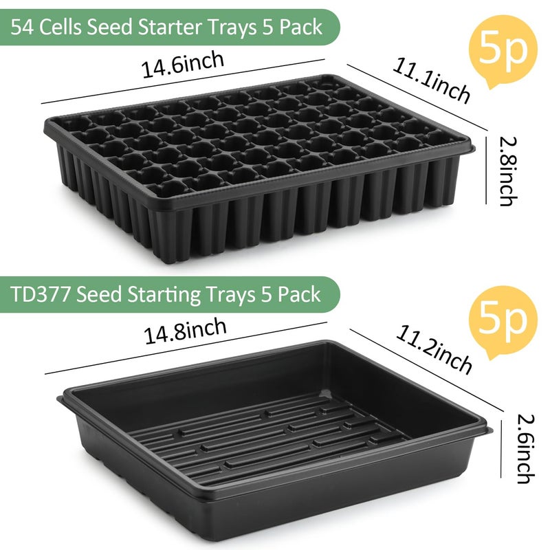 RooTrimmer 5 Pack Seedling Starter Trays No Holes and 5 Pack 54 Cell Seed Starter Trays Extra Deep 2.8" - Heavy Duty Plastic Nursery Trays for Seed Germination & Plant Propagation (5 Sets) - Image 3