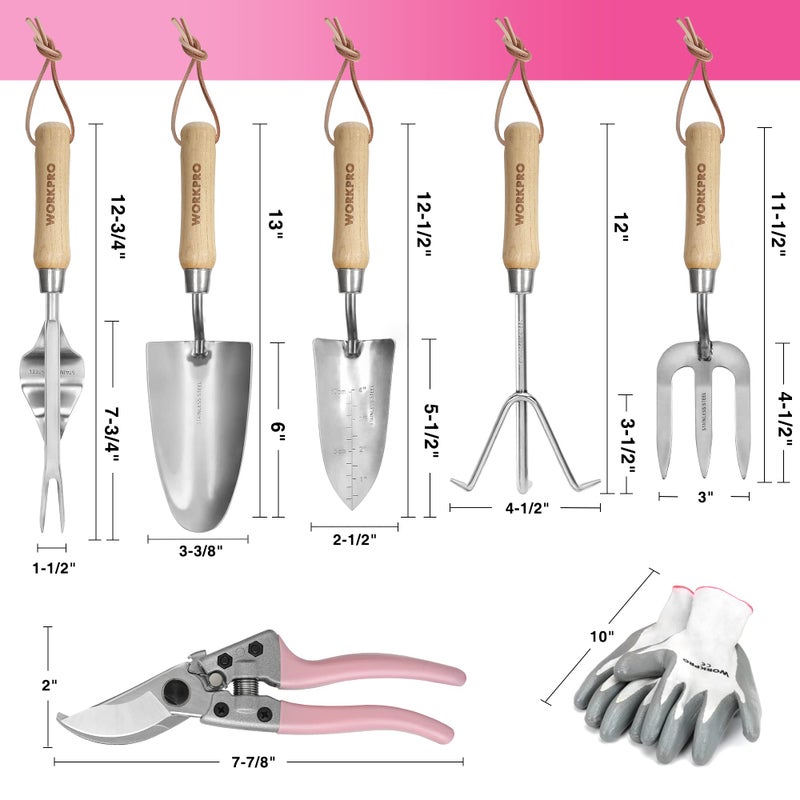 WORKPRO 8-Piece Pink Garden Tool Set, Stainless Steel Gardening Tools with Wood Handle, Including Garden Tote, Gloves, Trowel, Hand Weeder, Cultivator and More, Gardening Gifts For Women - Pink Ribbon - Image 3
