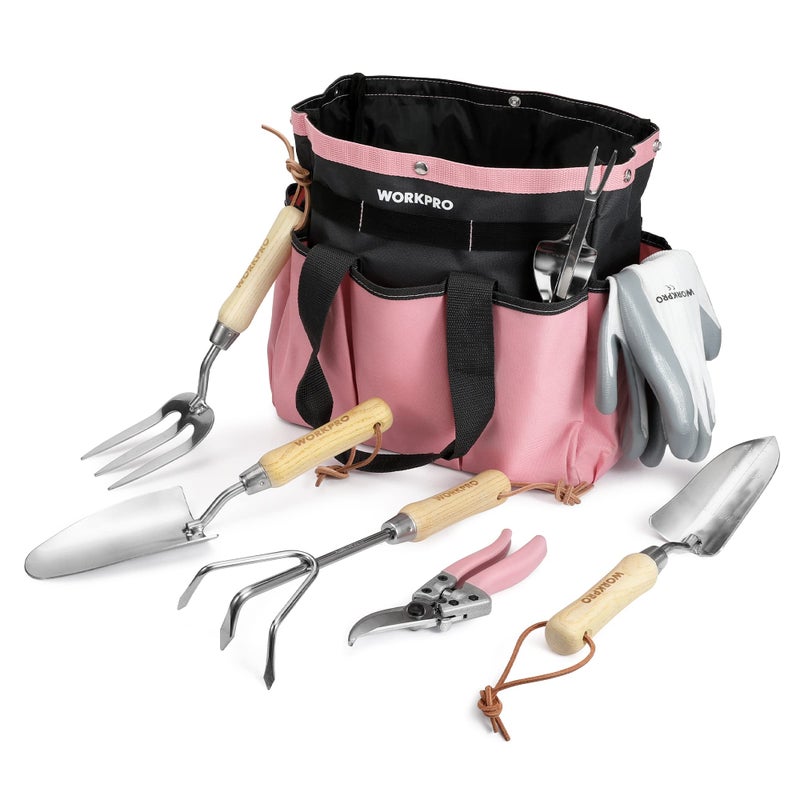 WORKPRO 8-Piece Pink Garden Tool Set, Stainless Steel Gardening Tools with Wood Handle, Including Garden Tote, Gloves, Trowel, Hand Weeder, Cultivator and More, Gardening Gifts For Women - Pink Ribbon - Image 1