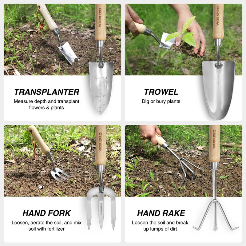 WORKPRO 8-Piece Pink Garden Tool Set, Stainless Steel Gardening Tools with Wood Handle, Including Garden Tote, Gloves, Trowel, Hand Weeder, Cultivator and More, Gardening Gifts For Women - Pink Ribbon - Image 4