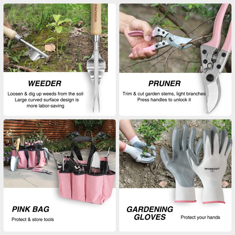 WORKPRO 8-Piece Pink Garden Tool Set, Stainless Steel Gardening Tools with Wood Handle, Including Garden Tote, Gloves, Trowel, Hand Weeder, Cultivator and More, Gardening Gifts For Women - Pink Ribbon - Image 5