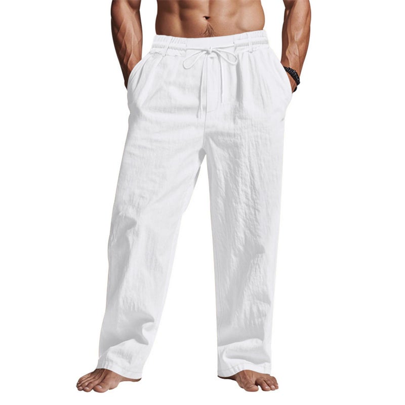 Puimentiua Men Casual Cotton Linen Pants, Elastic Drawstring Waist Summer Trousers Loose Fit Lightweight Beach Lounge Pants (L, White) - Image 1