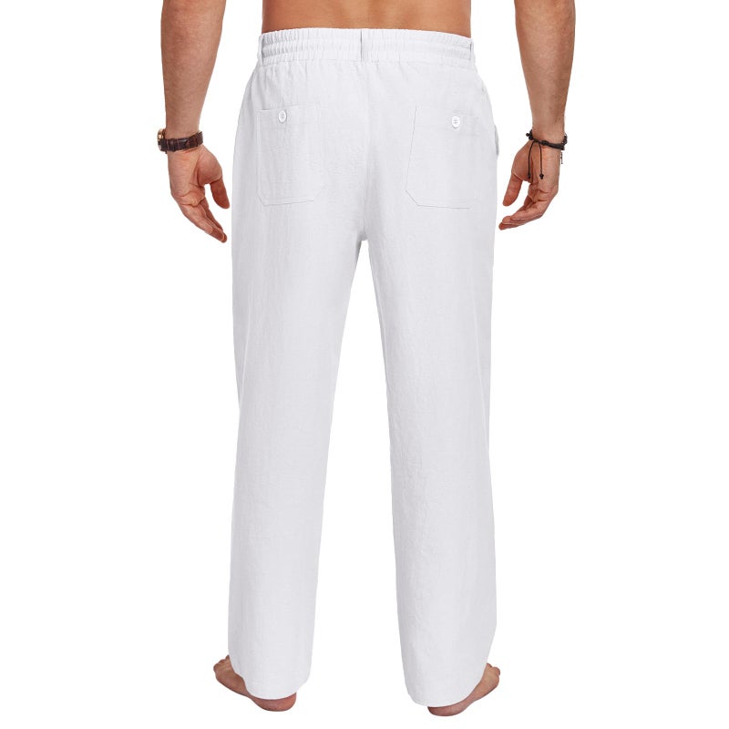 Puimentiua Men Casual Cotton Linen Pants, Elastic Drawstring Waist Summer Trousers Loose Fit Lightweight Beach Lounge Pants (L, White) - Image 5