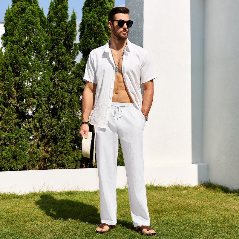 Puimentiua Men Casual Cotton Linen Pants, Elastic Drawstring Waist Summer Trousers Loose Fit Lightweight Beach Lounge Pants (L, White) - Image 3