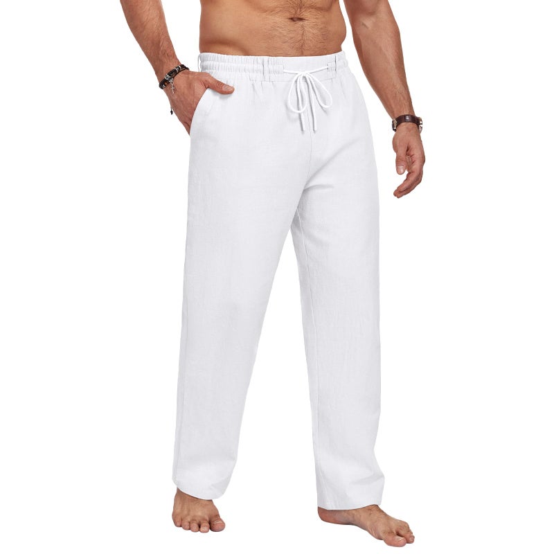 Puimentiua Men Casual Cotton Linen Pants, Elastic Drawstring Waist Summer Trousers Loose Fit Lightweight Beach Lounge Pants (L, White) - Image 4