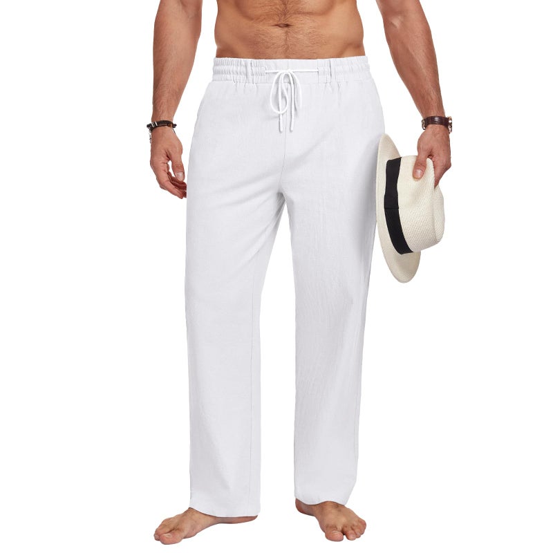 Puimentiua Men Casual Cotton Linen Pants, Elastic Drawstring Waist Summer Trousers Loose Fit Lightweight Beach Lounge Pants (L, White) - Image 2