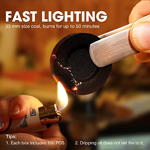 MEKER Quick Light Charcoal Briquettes, Charcoal Disk Lights, 33 mm Nature Coal Disks, Instant Fire Coal Tablet, Charcoal Burner (100Pcs) - Image 2