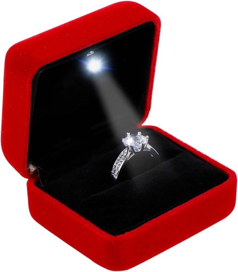 Omeet Velvet Metal Glossy with LED Jewelry Gift Box for Proposal, Engagement, Wedding - Easy to fit into Your Pocket or Handbag - Red - Image 1